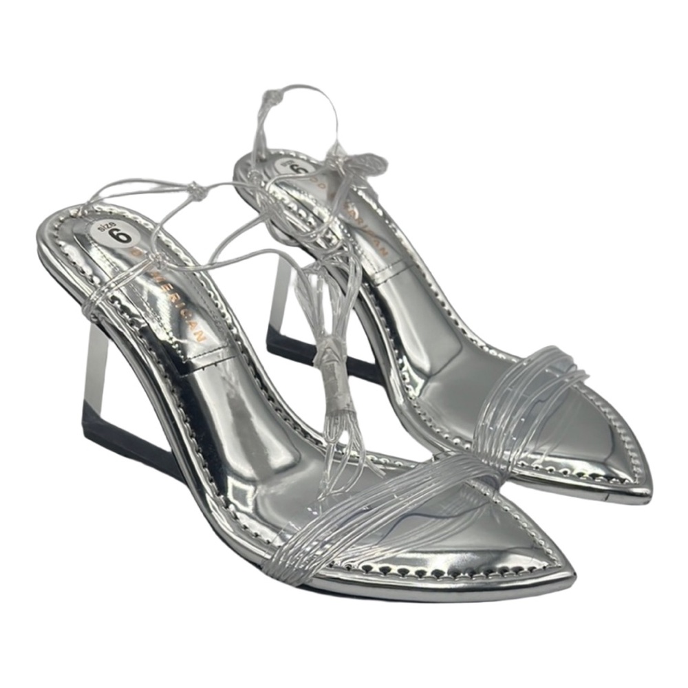 Good American Sz 6 Cinder F Rella Wedge Silver Lucite Triangle Block Heels NEW